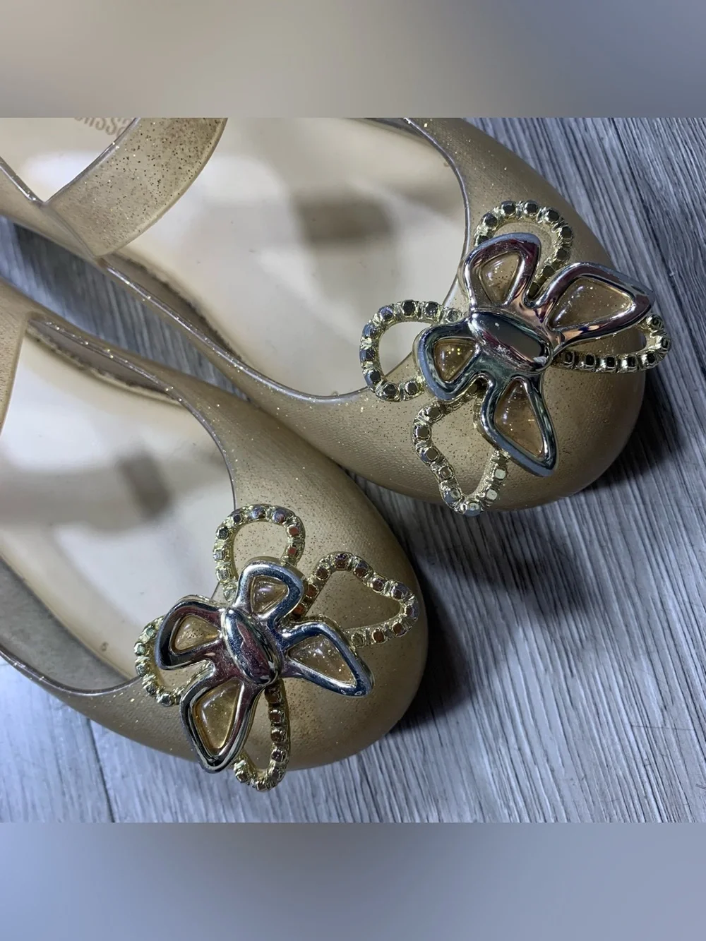 Mini Melissa Gold Sparkle Sweet Live Butterfly Mary Jane Jelly Shoes size 10